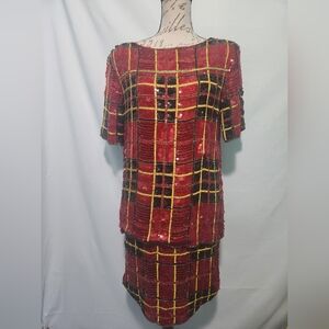 Vintage Modi Sequin Skirt & Top. Black, Red, Yellow Checkered. Size Small 6/8.